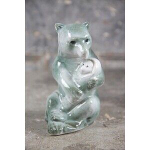 Austrian Ceramic Bear with Baby Coin Bank, jade green glaze, vintage